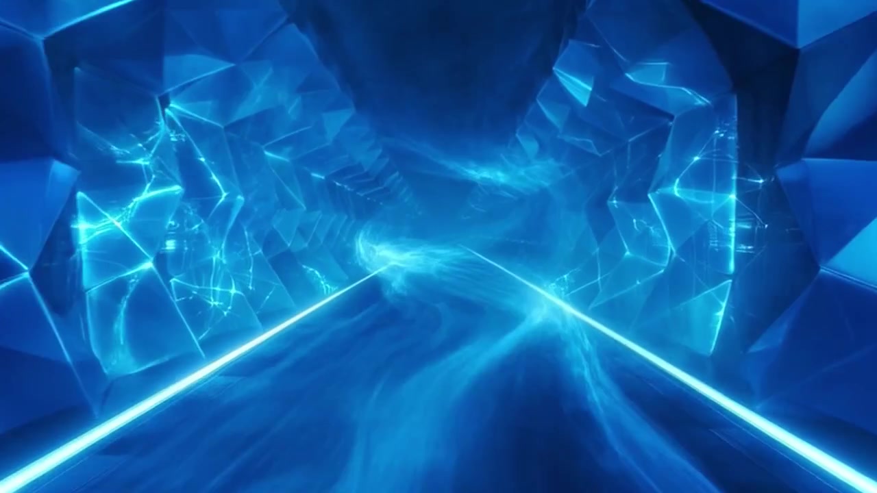 Abstract Digital Tunnel with Glowing Blue Geometric Structures and Light Trails