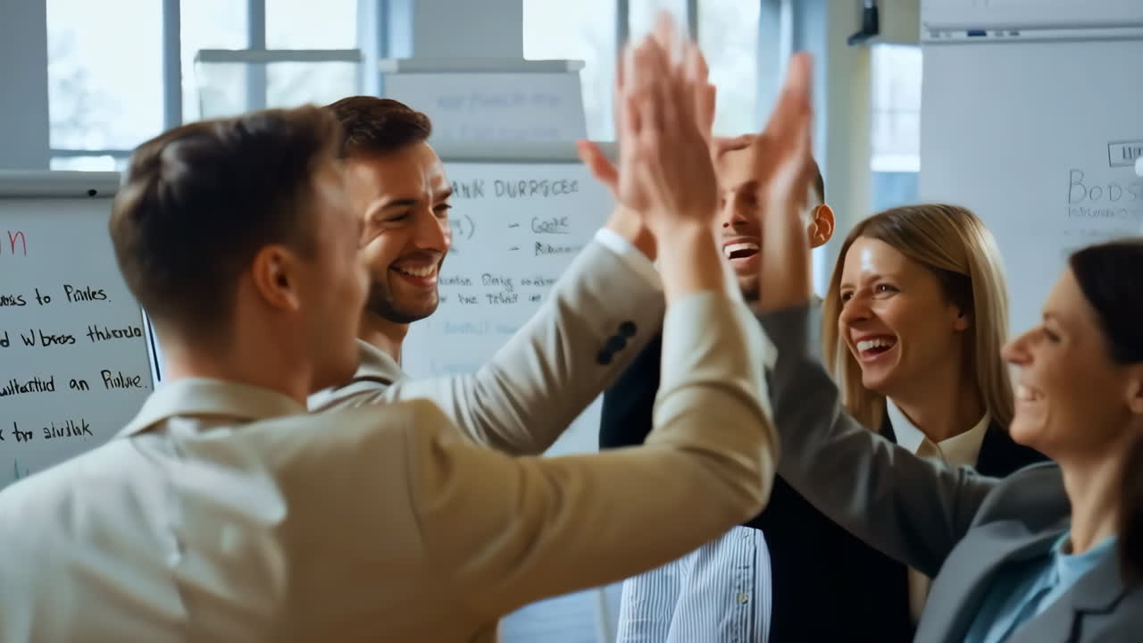 Business Team Celebrating Success with High-Fives in an Office Meeting