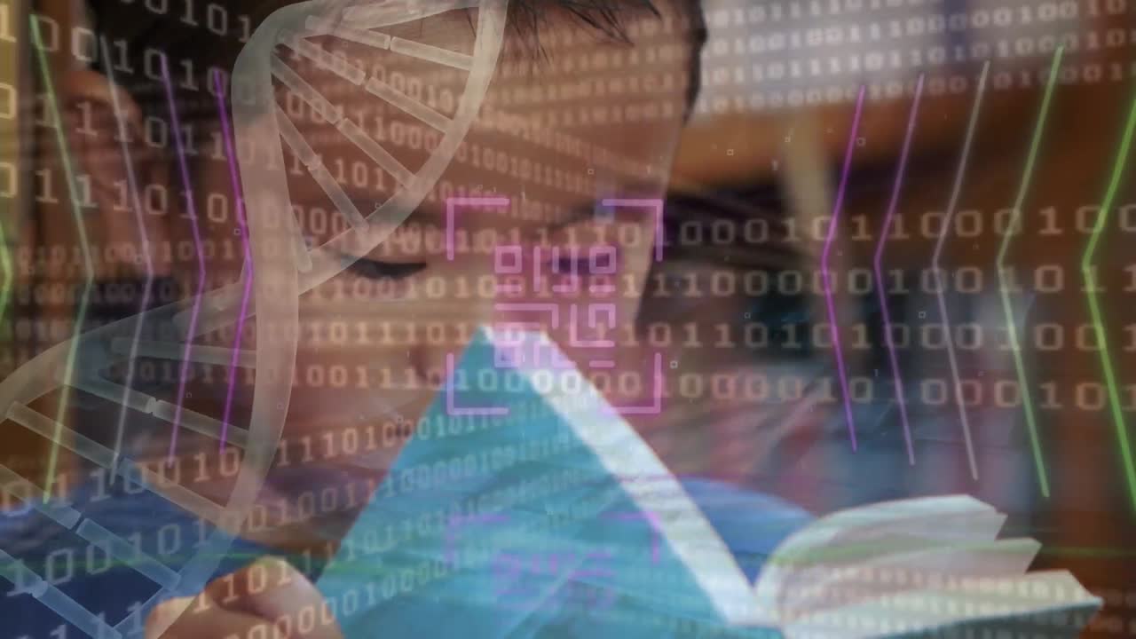animación de código qr y procesamiento de datos binarios sobre escolar asiático leyendo en la biblioteca