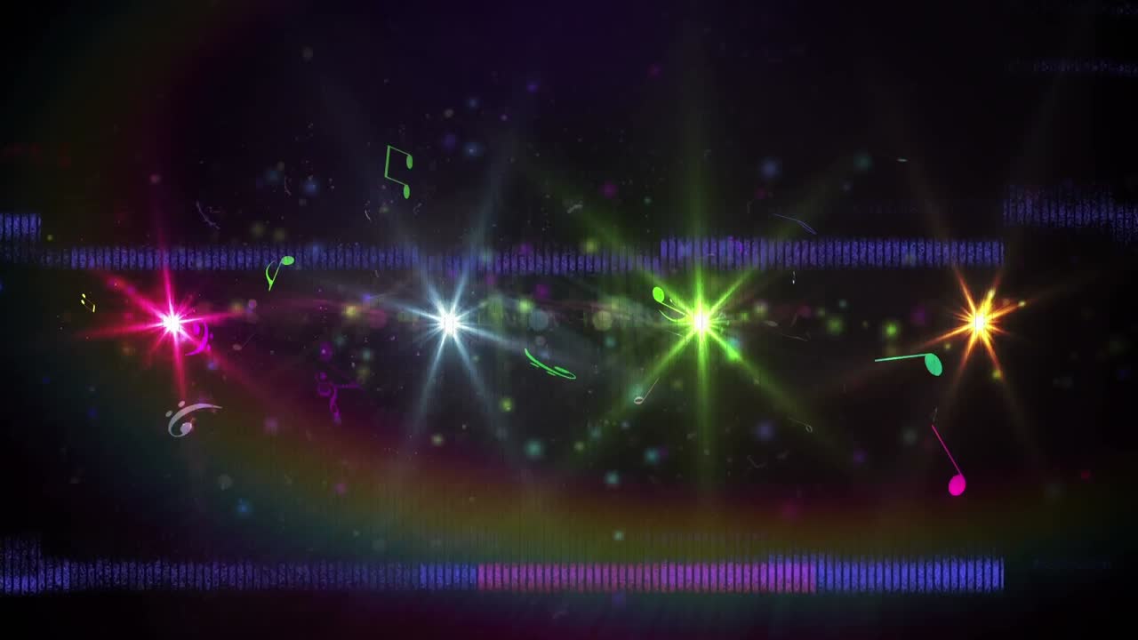 con bandas de interferencia de pantalla que muestran notas musicales