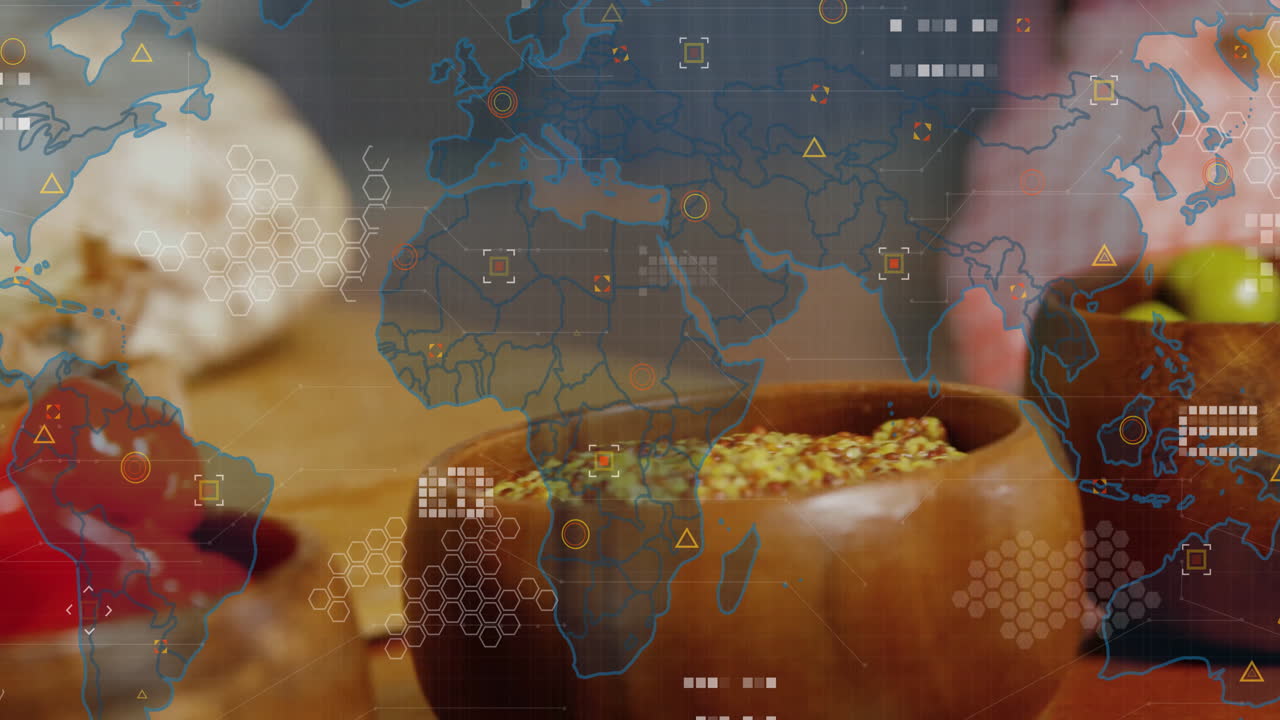 Wooden bowl with grains over digital world map and data processing animation