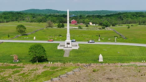 gettysburg national military park monuments, aerial drone push-in of famous american civil war battlefield