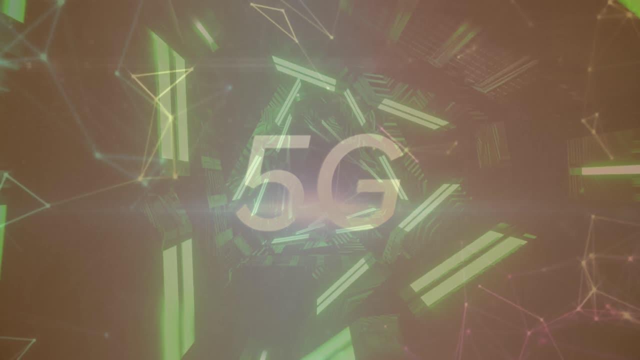 5g 텍스트 배너와 플렉서스 네트워크의 애니메이션은 네온 터널이 원활한 패턴으로 회전하는 것에 대항합니다.