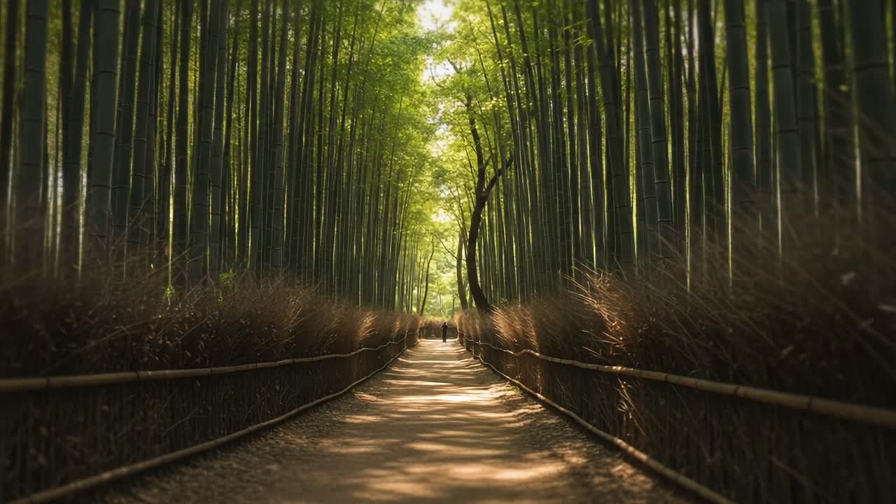 Serene Pathway Through a Lush Bamboo Forest, Inviting Exploration Amidst Towering Green Stalks and Softly Filtered Sunlight