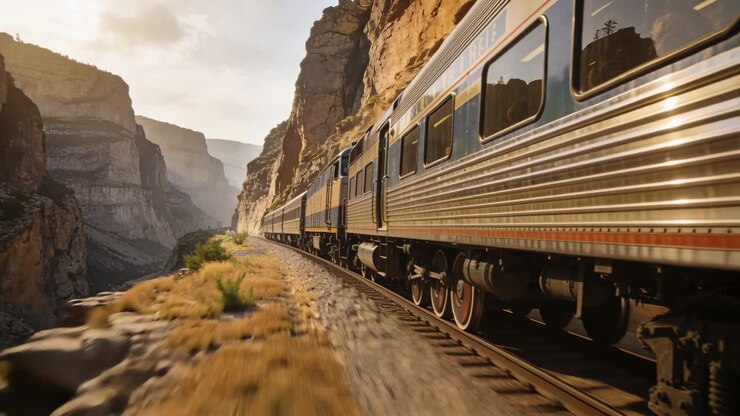 Entering curve, fluted train cars moving along canyon ridge, showing wheelsets, following track