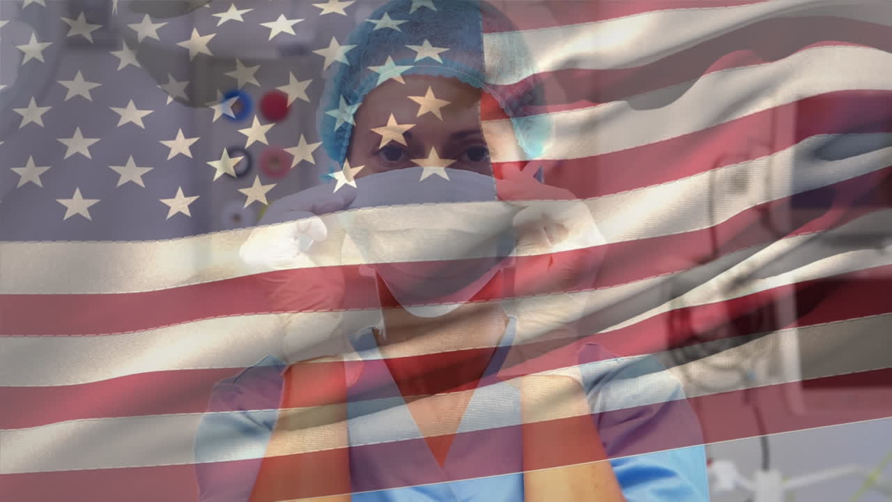 animación de agitar la bandera de los estados unidos contra una cirujana caucásica que lleva una máscara quirúrgica en el hospital
