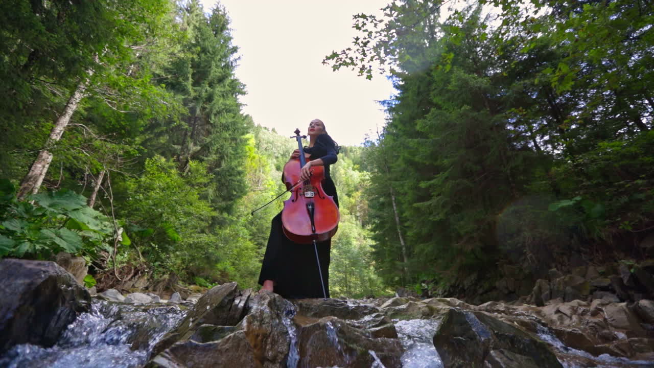 Luxury young cellist in dress perfoming music in the forrest. Pretty woman playing on a cello in nature.