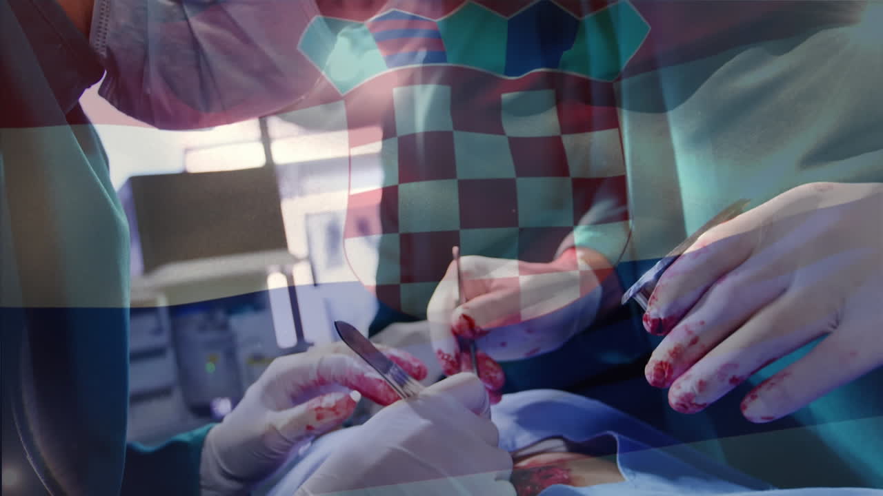 수술실에서 외과 의사 들 위 에 크로아티아 의  ⁇ 발 이 흔들리는 애니메이션