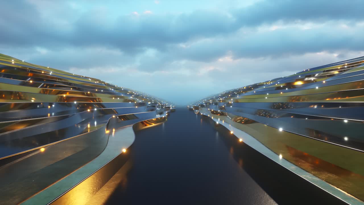 물결 모양의 단계 표면에서 추상적인 배경, 금 단계, 비즈니스 프레젠테이션을 위한 추상적 배경, 표면을 통해 신호를 전송하는 광섬유, 원활한 루프의 3d 애니메이션