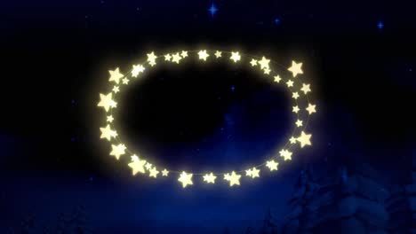 Yellow-glowing-decorative-star-shaped-fairy-lights-against-trees-and-shining-blue-stars-in-night-sky