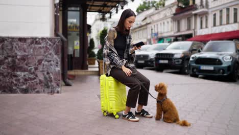 a woman sits on a yellow suitcase with a dog