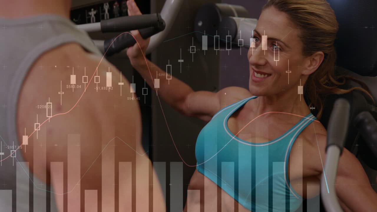 Woman pressing chest-press machine after spotter cue, fitness candlestick overlay tracking strength