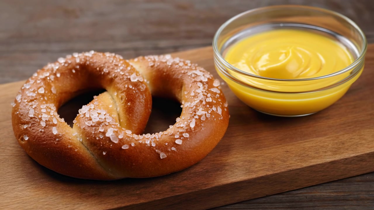 Salted Pretzel With Mustard Dip Closeup Presented On Rustic Wooden Board With Coarse Salt Crystals, Glass Bowl