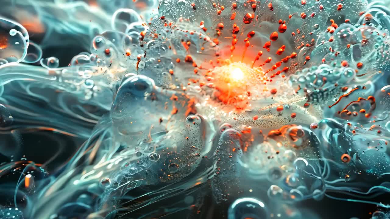 A close up of a blue blob with red dots in the center. The blob is surrounded by many small bubbles