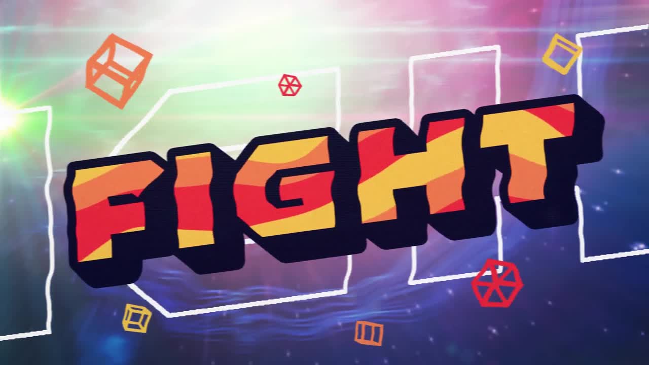 분홍색과 파란색 삼각형과 우주에 빨간색, 오렌지색 및 노란색 문자로 싸움 텍스트의 애니메이션