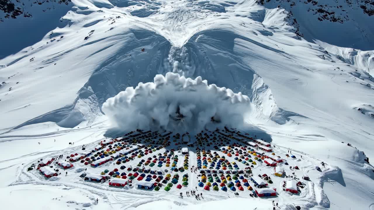 Avalanche Over Tents in Snowy Mountains