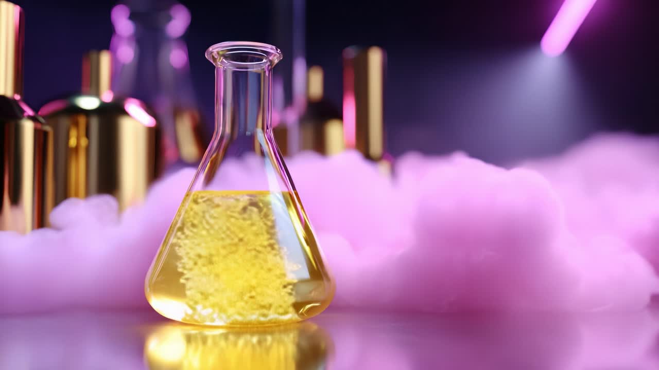 A Close-up View of a Beaker Containing Vivid Yellow Liquid, Surrounded by Colorful Haze and Glimmering Gold Accents, Capturing the Essence of Experimentation and Science in a Stylish Atmosphere