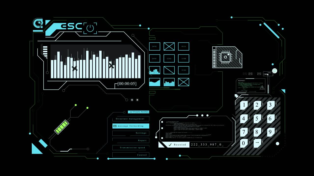 화면에 복잡한 인포그래픽 데이터 및 정보 요소를 가진 hud 인터페이스 패널