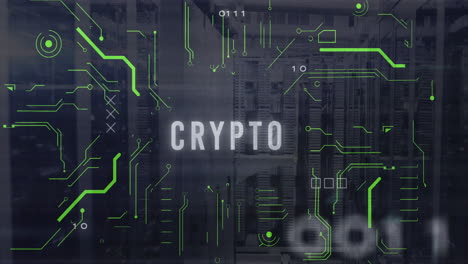 animación de códigos binarios y texto criptográfico con patrón de placa de circuitos en sistemas de servidor de datos