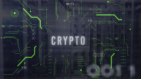 animation of binary codes and crypto text with circuit board pattern over data server systems