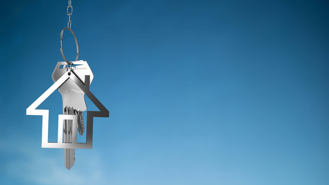 animación de llave de plata con llavero de la casa en fondo azul.