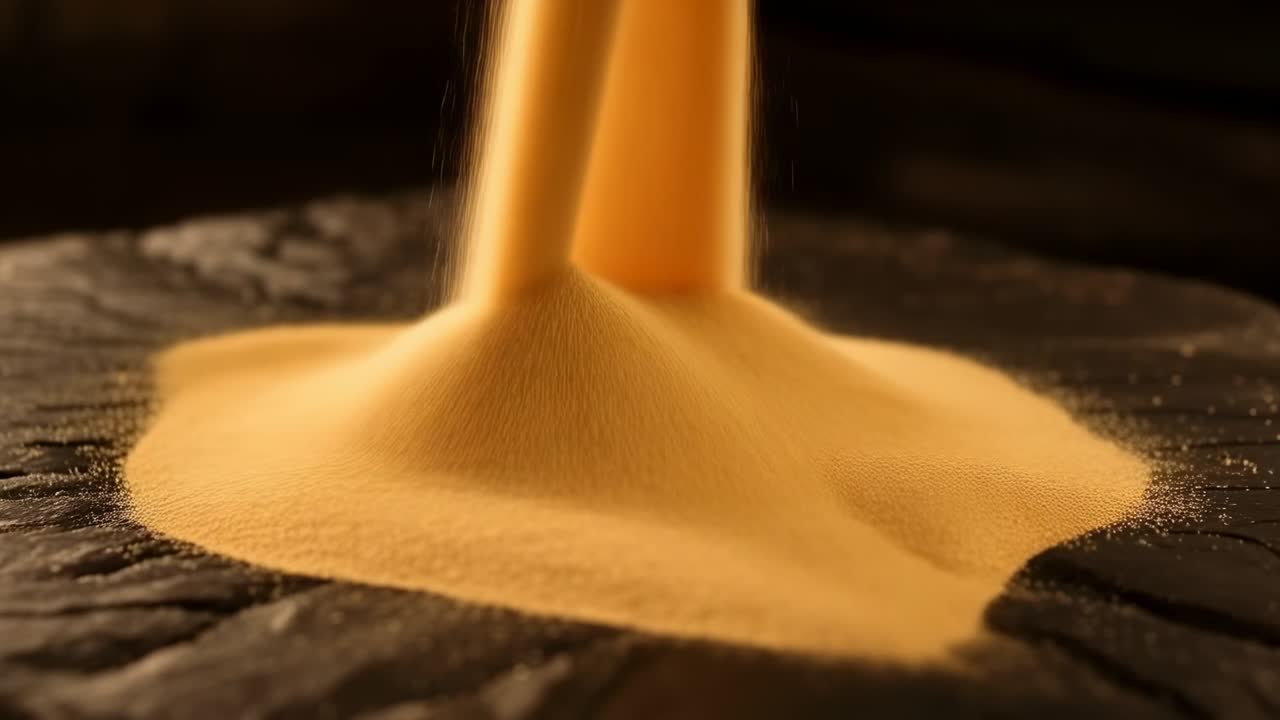 Pouring vertical stream building central mound of golden sand on dark textured base, forming crater