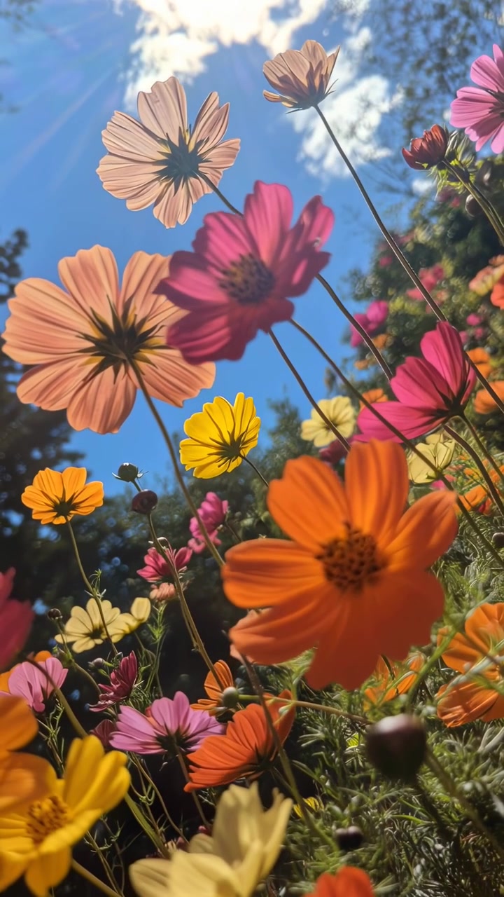 Flores Cosmos Vibrantes Balançando ao Sol Contra um Céu Azul