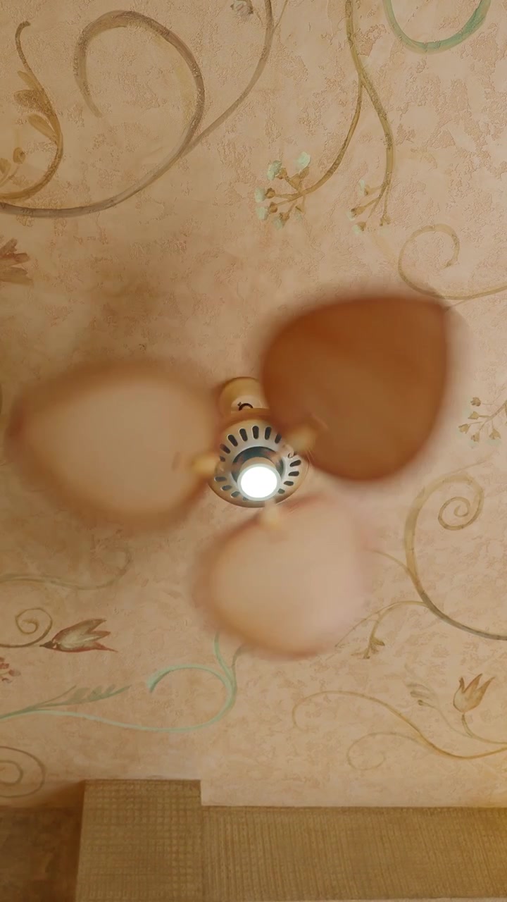 Pale di ventilatore a soffitto che girano con luce su un soffitto floreale