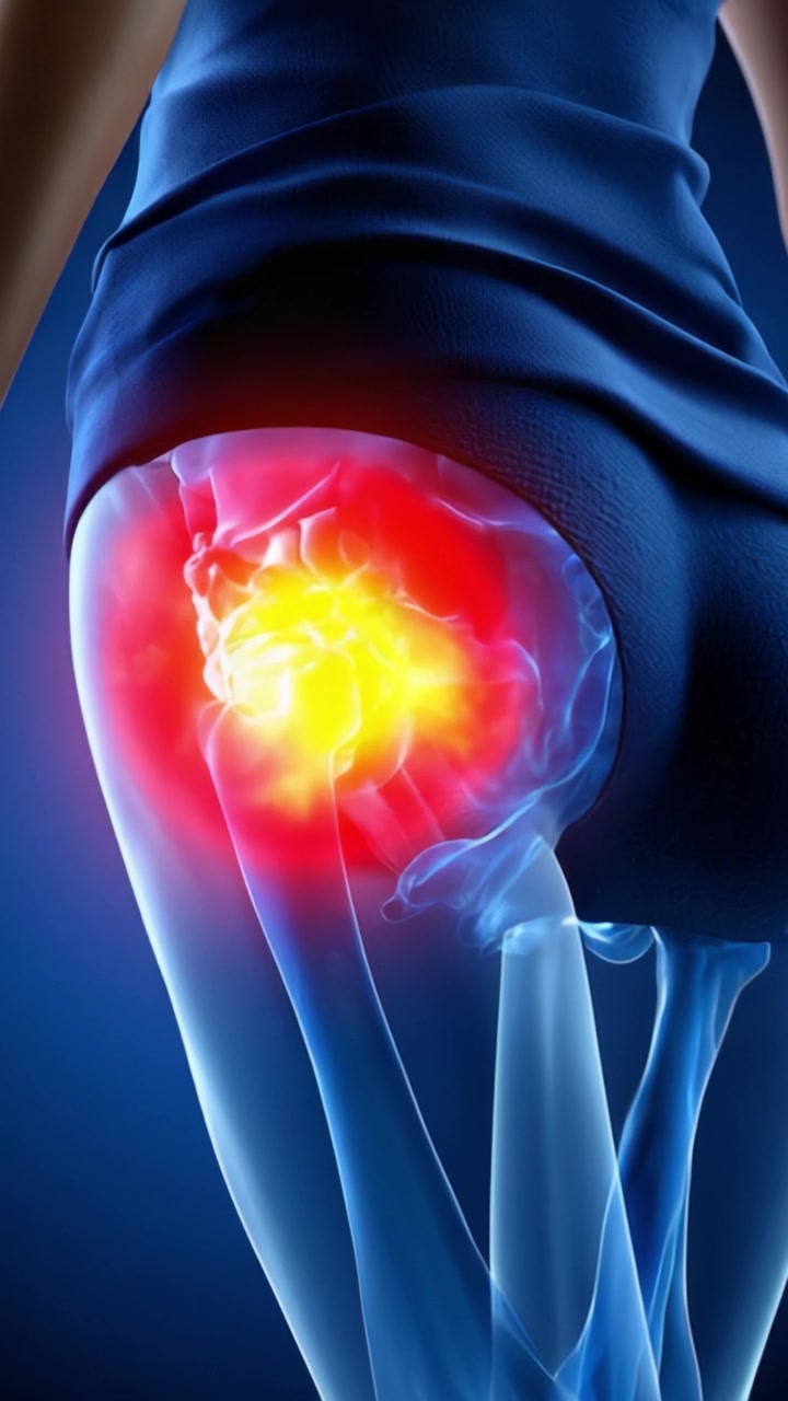 Illustrative Visualization of Hip Joint Pain with Enhanced Radiant Effects Depicting Inflammation in Medical Imaging for Educational Purposes