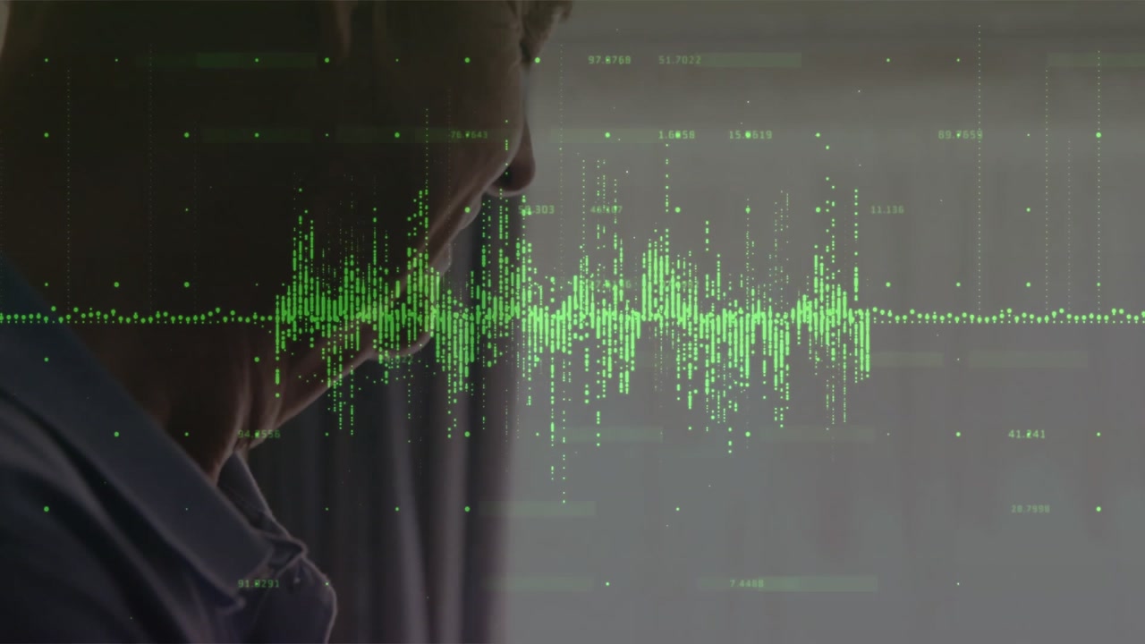 Mature male user tapping tablet screen and causing green waveform animation while testing audio