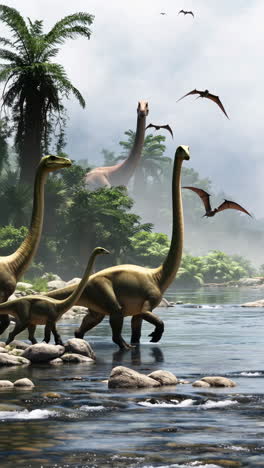 dinosaurs and pterodactyls in a prehistoric river