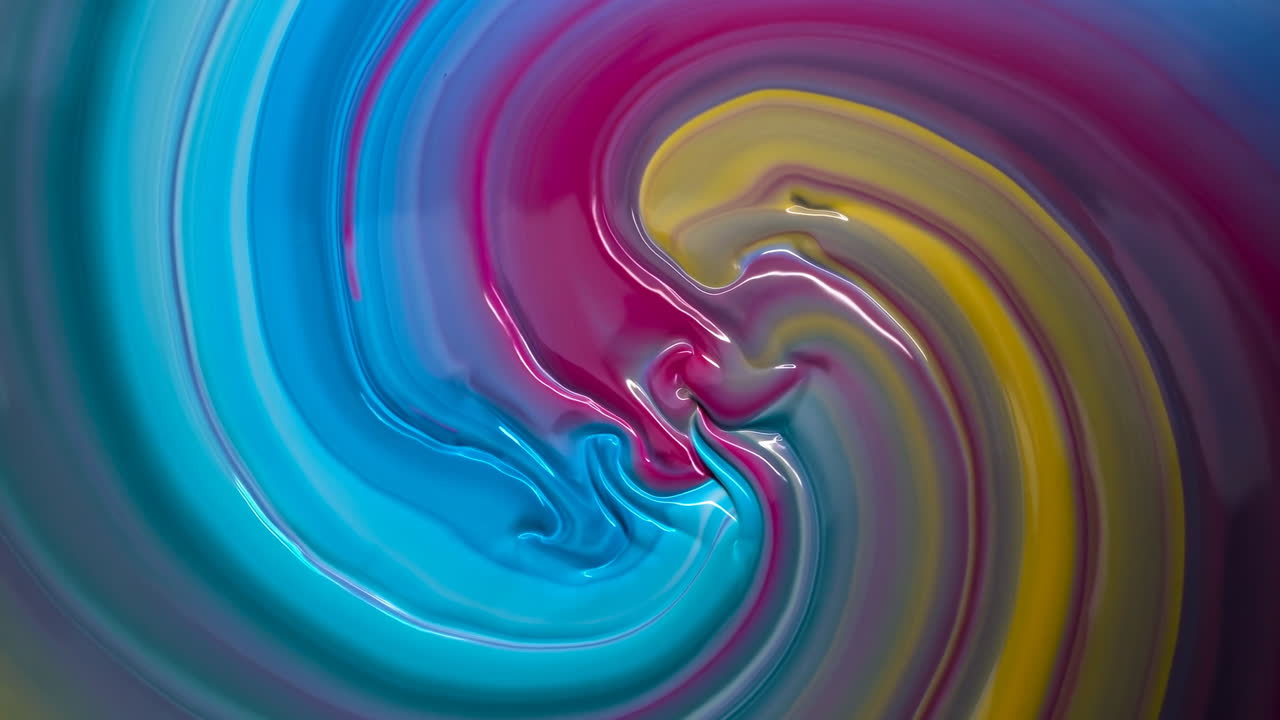 Vortice di pittura vibrante e vorticoso in movimento, fluidi ciano lucidi, magenta e gialli si fondono in un vortice ipnotico