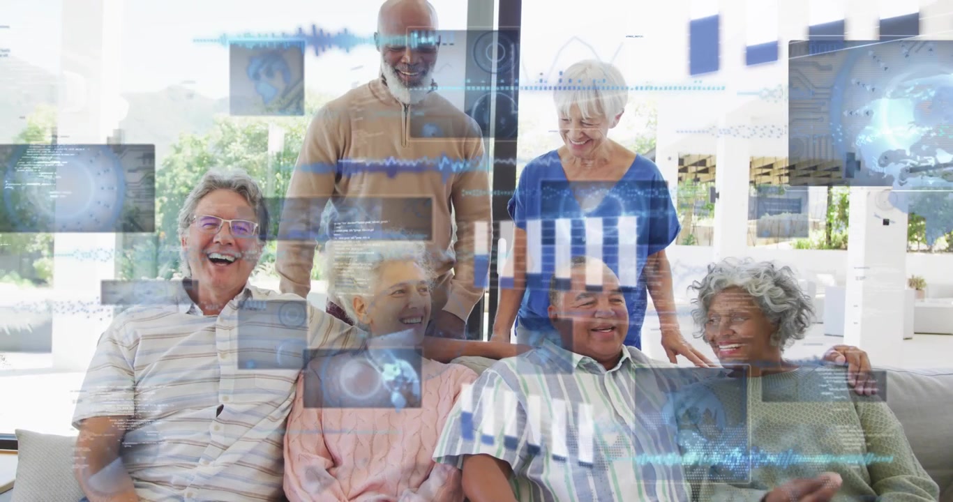 Na een pauze van 1 seconde praten zes glimlachende volwassenen op een bank, terwijl zwevende technologiegrafieken animeren.