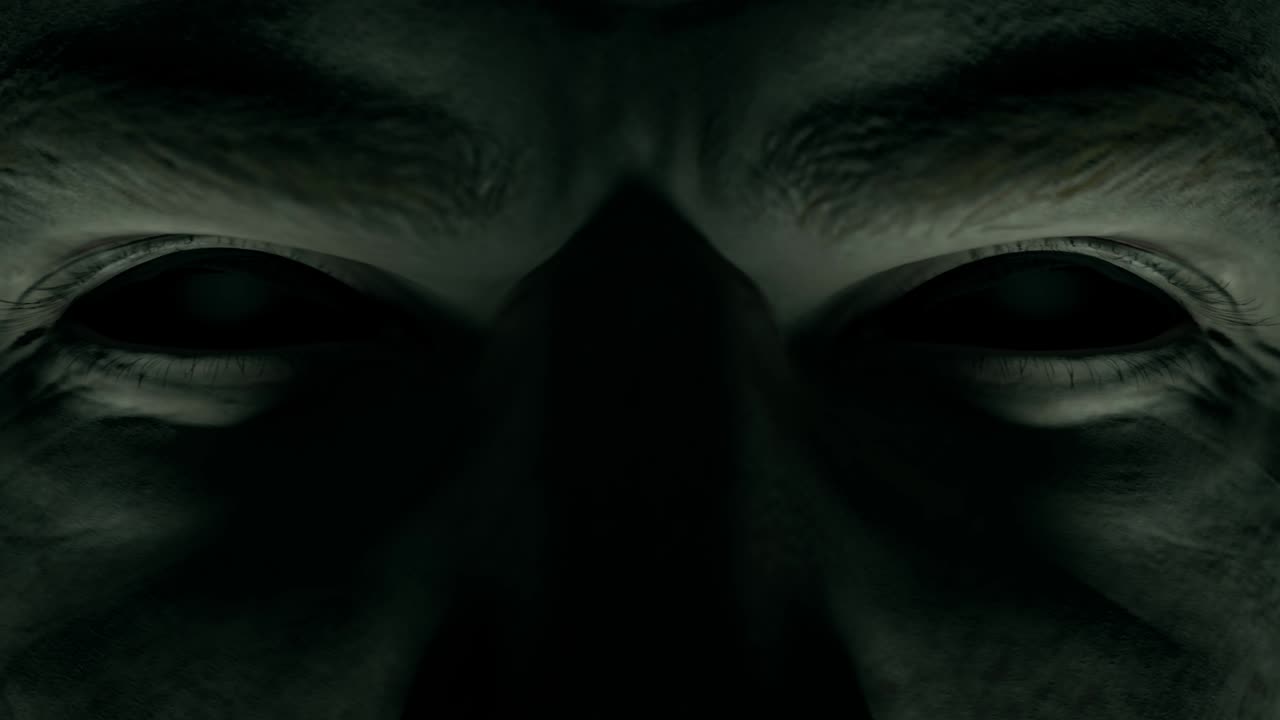 mirada amenazante aterradora de un hombre con ojos negros vacíos de primer plano. concepto de horror. animación facial de carácter de bucle sin costuras con iluminación cinematográfica. render 3d