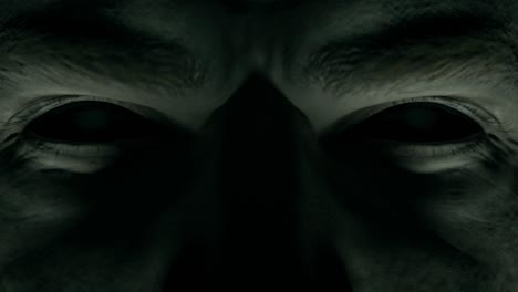 scary menacing gaze of a man with empty black eyes close-up. horror concept. seamless loop character facial animation with cinematic lighting. 3d render