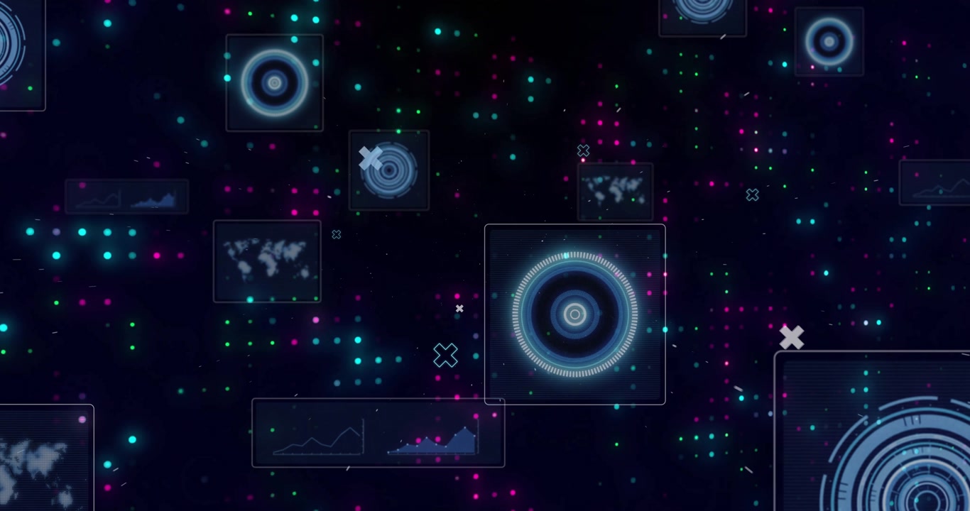 Opening dark navy grid, pixel dots drifting, data circles pulsating in overlay showing data flow