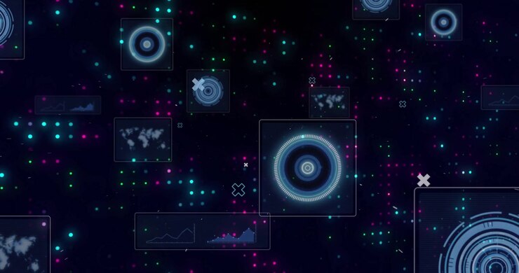 Opening dark navy grid, pixel dots drifting, data circles pulsating in overlay showing data flow