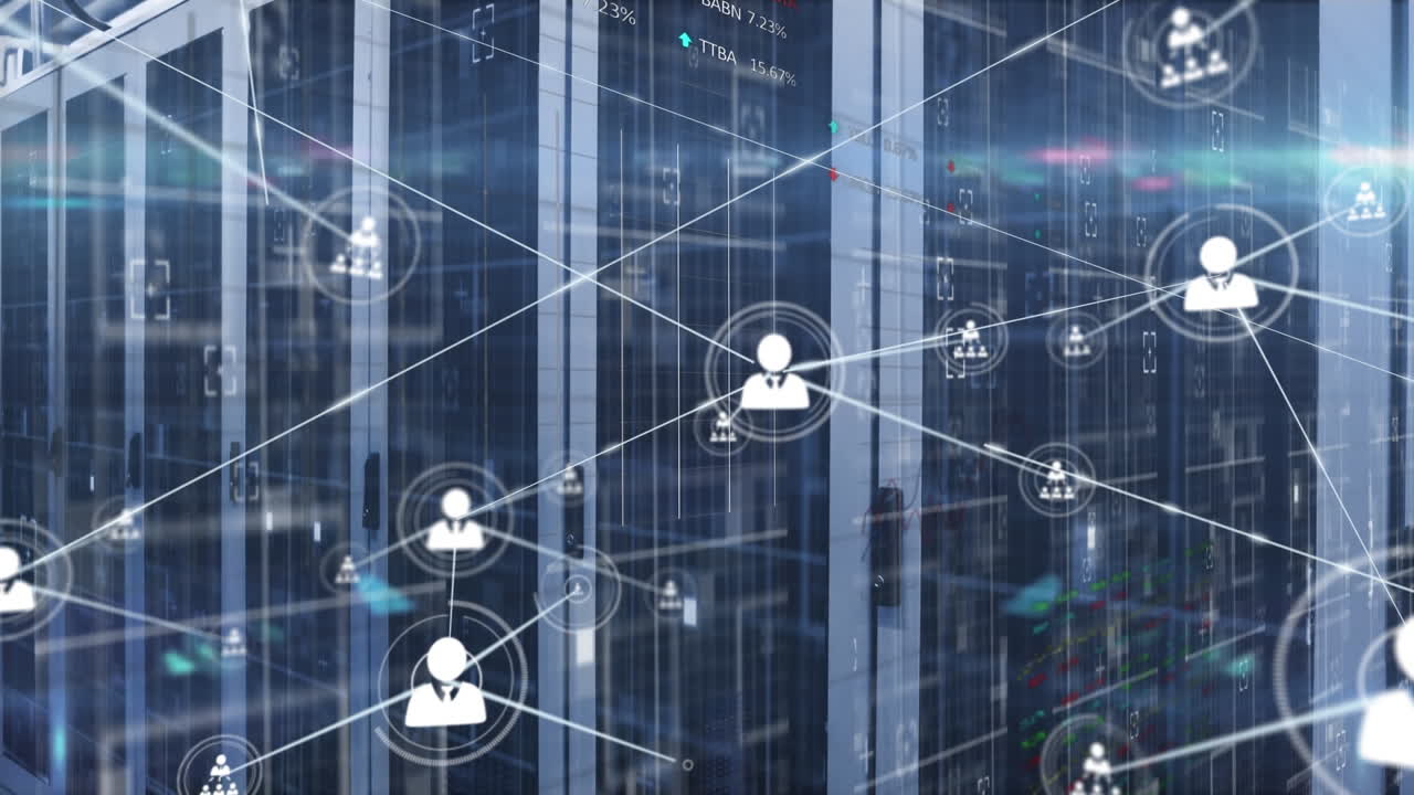 Animation of profile icons connected with lines and lens flares against server room in background