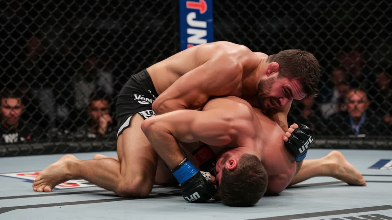 Intense Grappling Showdown in the Cage: Witness the Thrilling Struggle of Two Fighters as They Battle for Dominance in an Electrifying MMA Competition