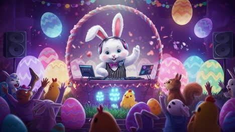 a vibrant celebration of joy: an energetic bunny dj spins tunes with festive creatures amid colorful eggs and cheerful atmosphere, spreading happiness all around