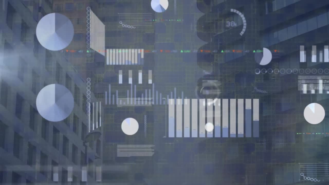 Animation of screens with data processing against aerial view of tall buildings