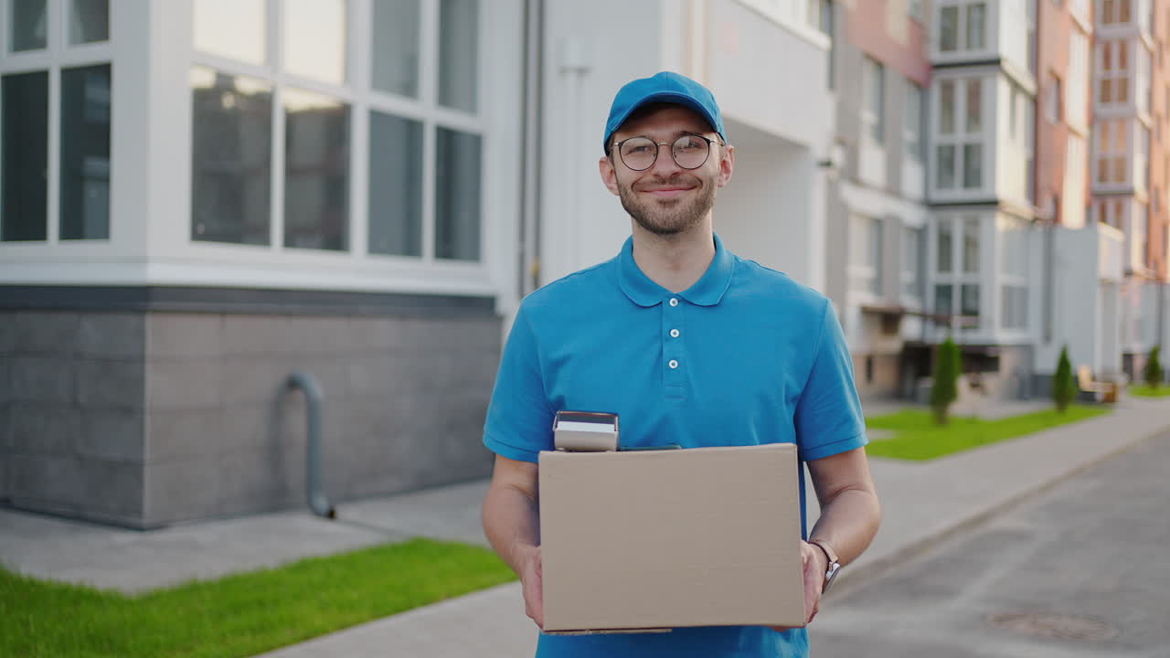 The bespectacled delivery guy looking at the camera smiles. The courier looks and smiles at the camera. Slow motion