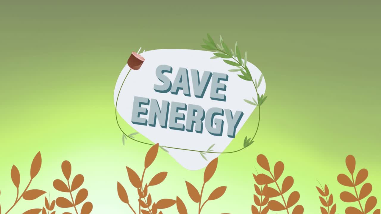 animación de ahorro de energía y enchufe en fondo verde con plantas