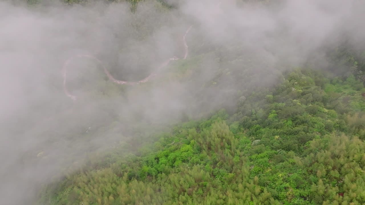 Aerial photography of high mountains shrouded in clouds and mist after rain, humid climate, and green forests shrouded in mist