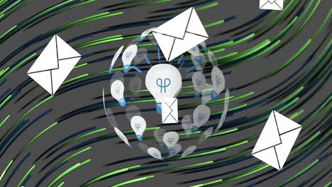 Message icons falling over globe of bulbs against light trails