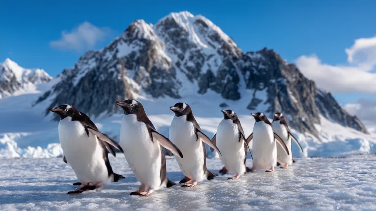 A Charming Line of Adélie Penguins Navigating the Icy Landscape of Antarctica Against a Majestic Mountain Backdrop