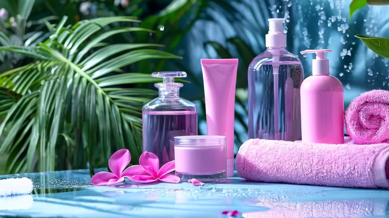 파란 테이블 위에 분홍색 수건, 핑크색 수건과 분홍색 꽃