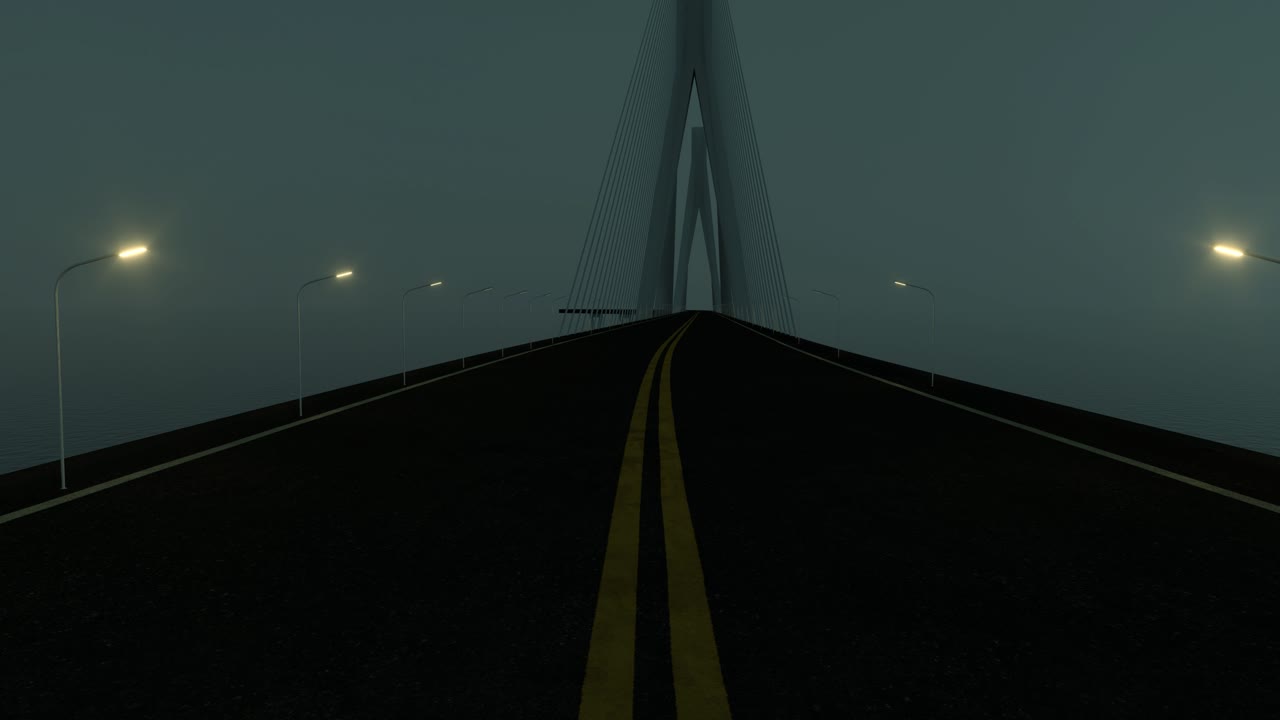밤에 긴 곡선 다리에서 빠르게 앞으로 운전하는 3d 렌더링.