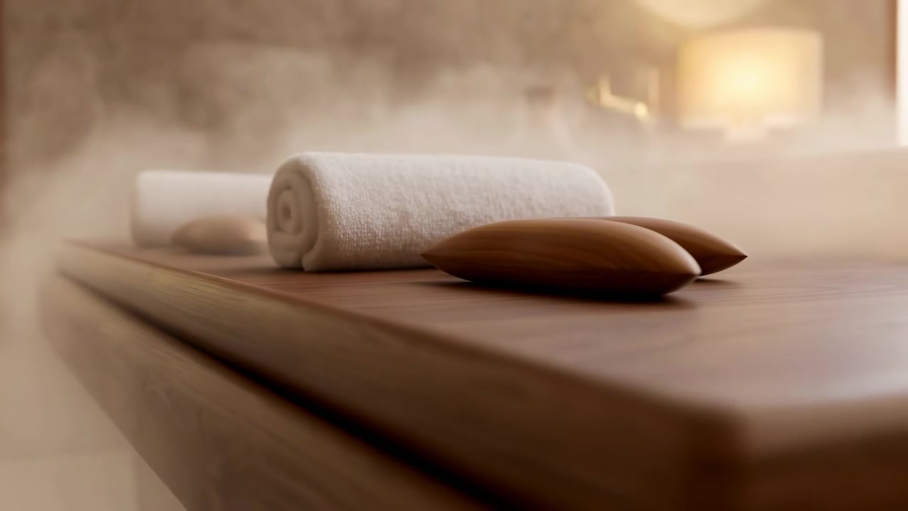 Un primo piano dal basso mostra un piano d'appoggio in legno con due forme decorative arrotondate marroni vicino al centro, un asciugamano bianco arrotolato dietro, luce diffusa calda e soffusa, messa a fuoco superficiale, toni neutri e un'atmosfera da spa casalinga calma
