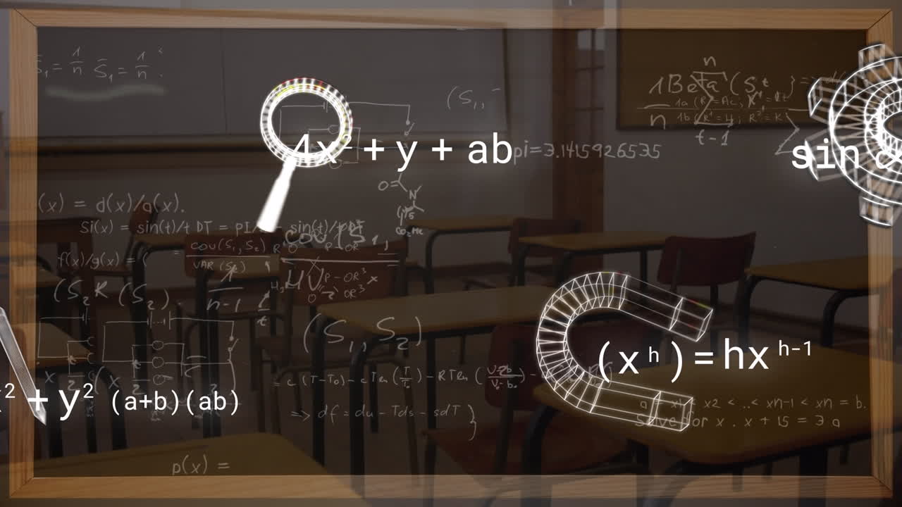 animación de iconos y ecuaciones matemáticas sobre una clase vacía